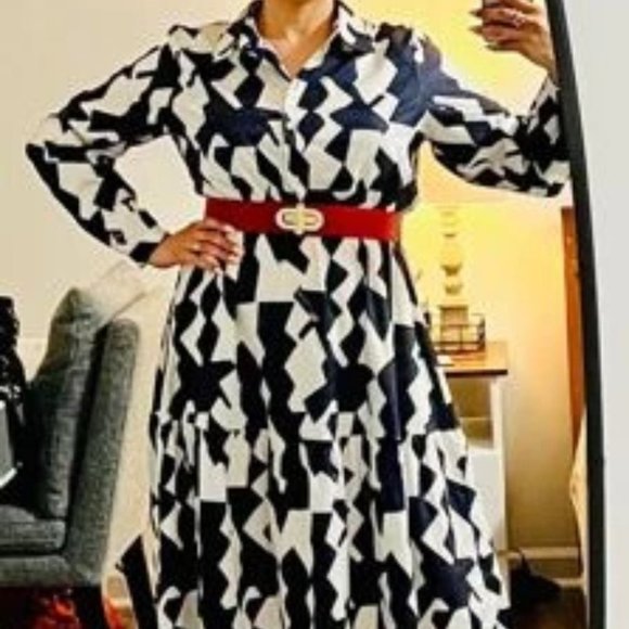 Black & white Geometric Pattern Belted Shirt Dress - Picture 4 of 9